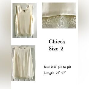 KT- Chico’s Women’s Cream Sleeveless Tank Top with Lace Hem Size 2 or Large.